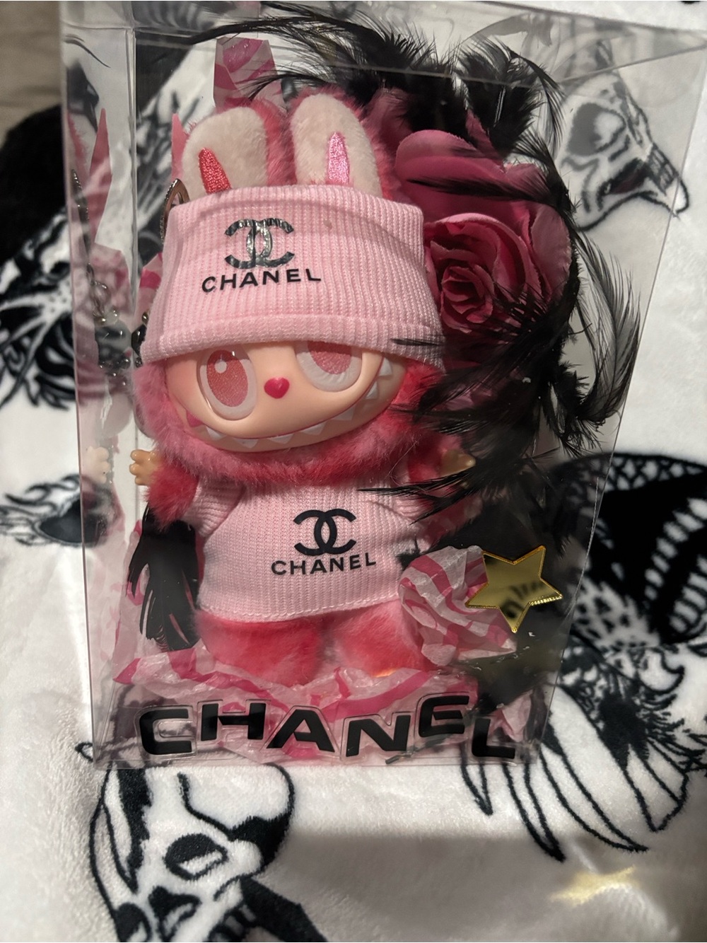 CHANEL Pink Bunny Plush Doll Keychain with Logo Beanie